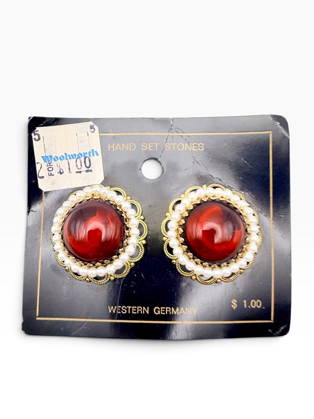 Vintage West Germany Red Glass Cabochon Pearl Filigree Earrings Woolworths